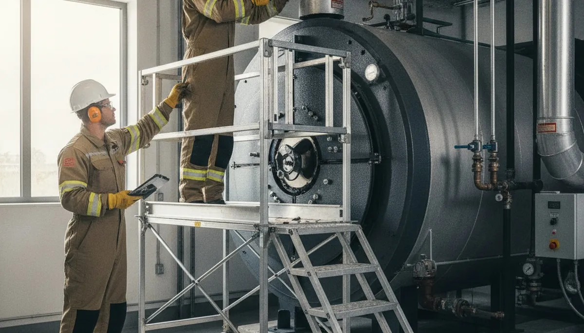 Boiler repair technician servicing Lafayette, LA home heating system on site