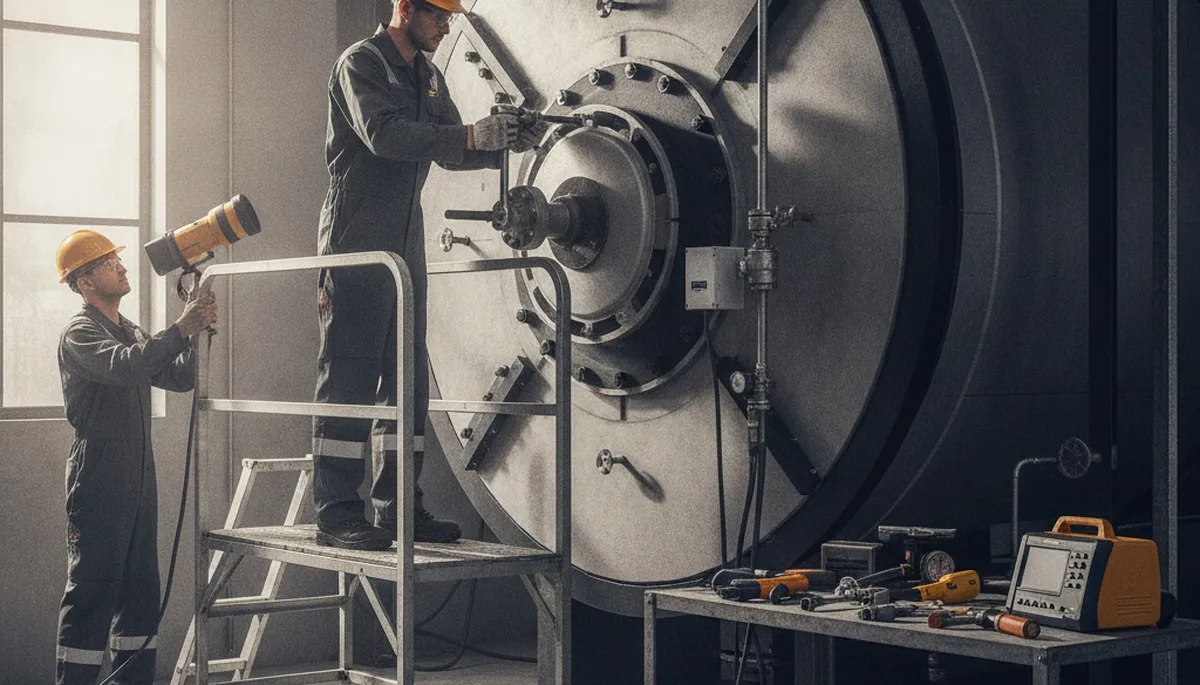 Boiler repair technician servicing Lafayette, LA home heating system with professional plumbing tools