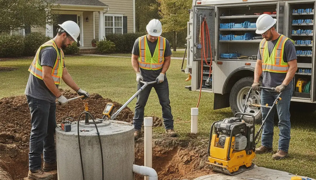 Lafayette, LA septic repair technicians servicing a home septic system for reliable plumbing repair