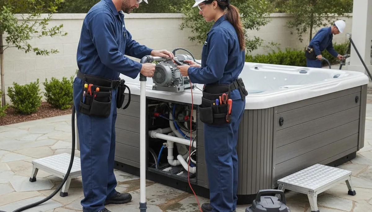 Spa repair technician servicing a home spa in Lafayette, LA for fast diagnostics and same-day plumbing repair