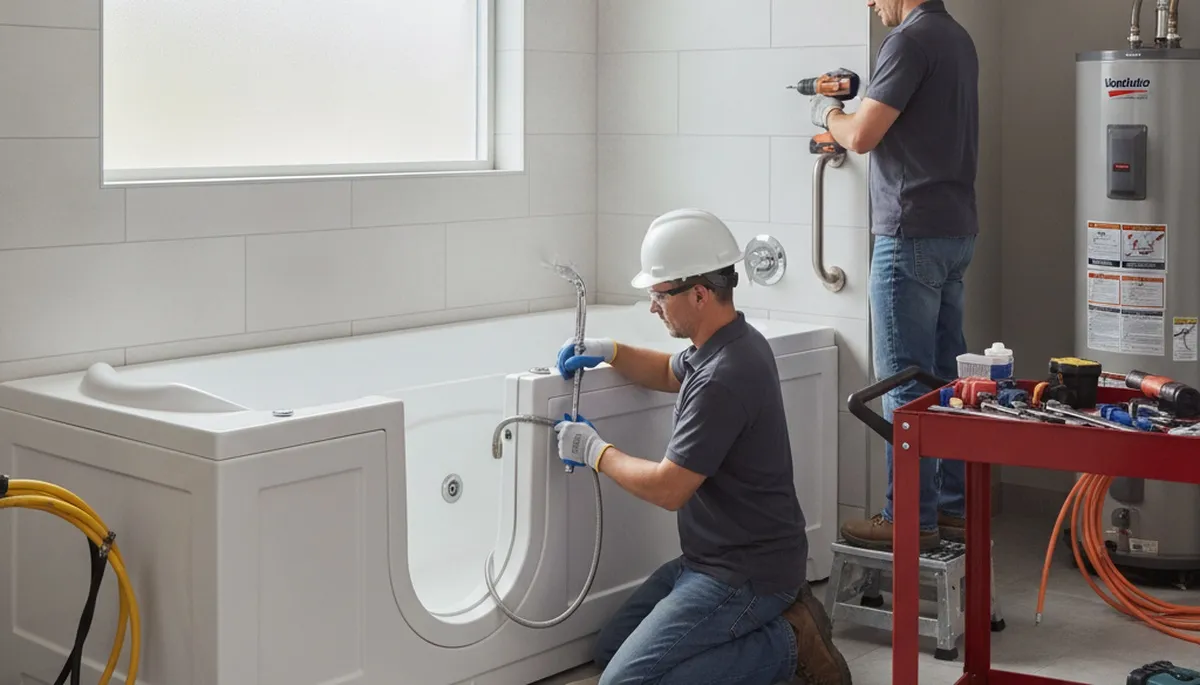 Plumber installing walk-in tub plumbing in Lafayette, LA home for safe bathing access